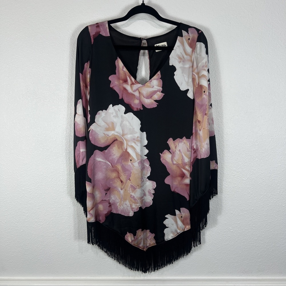 Show Me Your Mumu Floral Fringe‎ Tunic Bell Sleeve Black Pink Womens Small